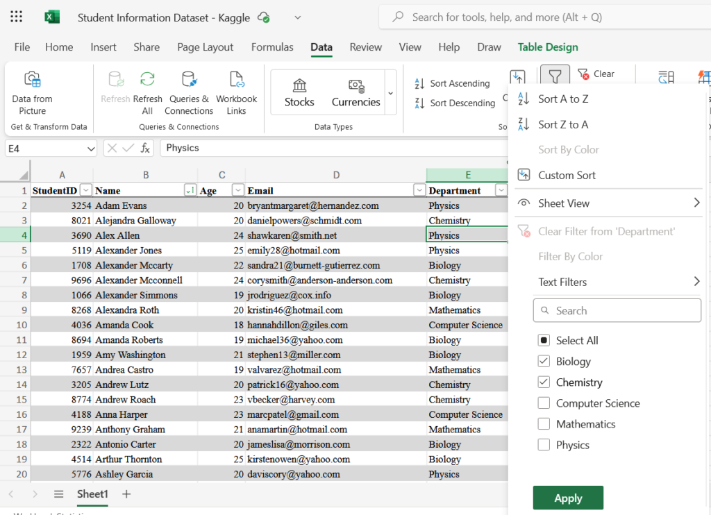 Filtering in Excel