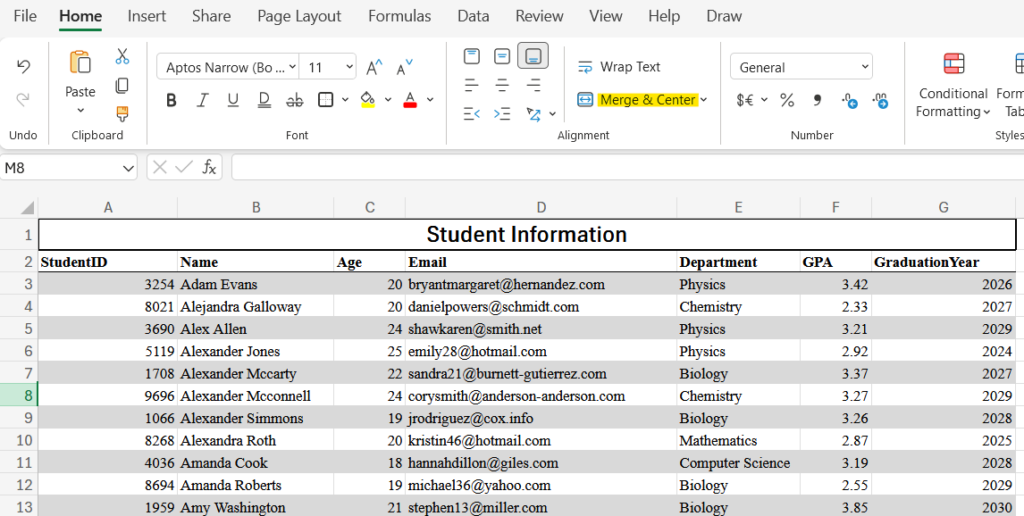 Merge and Center Excel