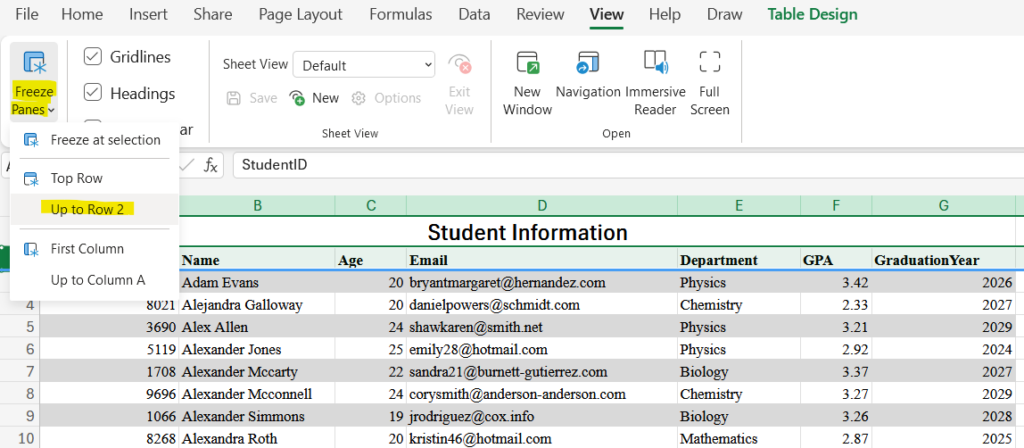 Freeze or Lock Rows Excel