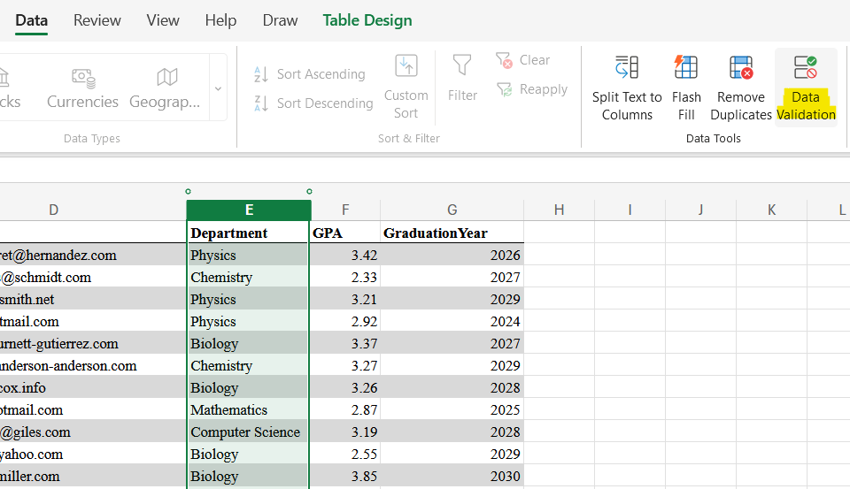 Department Data Validation