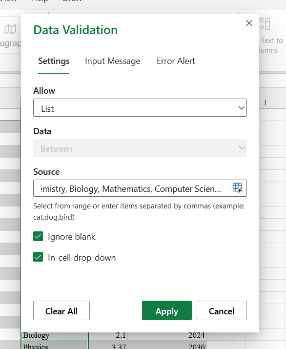 Data Validation List