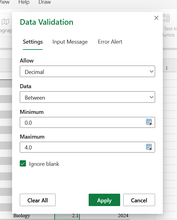 Decimal Data Validation